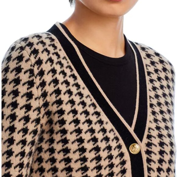 C by Bloomingdale's Cashmere Houndstooth Contrast Trim Cashmere Cardigan-Black/H - Picture 4 of 6